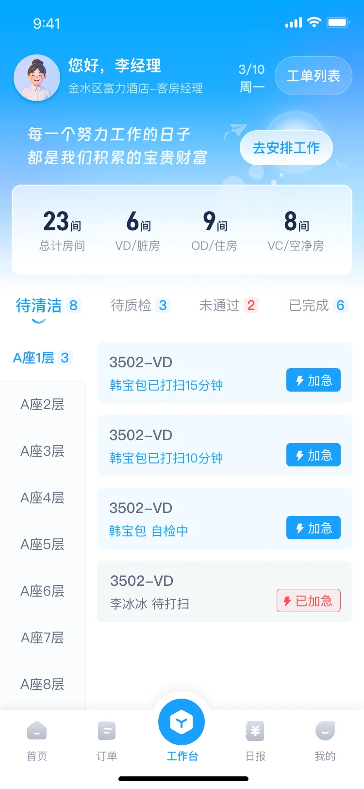 酒店端客房工作台界面